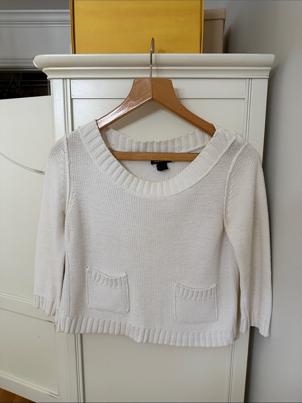 Club Monaco Cream Scoop-Neck Knit Sweater with Front Pockets